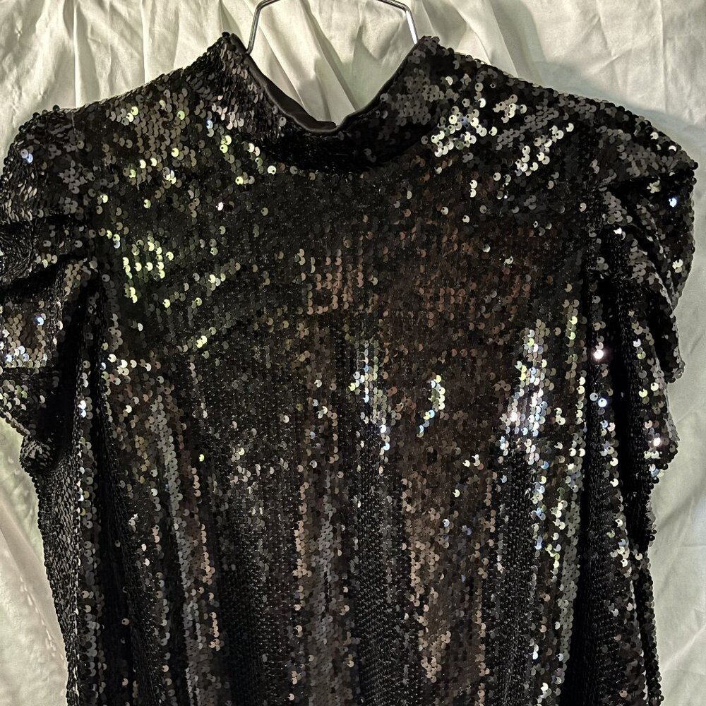 Black Sequin Mock-Neck Women's Blouse